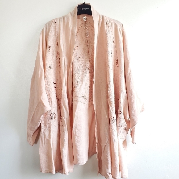 New Free People Cool Nights Crochet Conch Pink Cardigan Short Duster Kimono Sz S - Picture 10 of 16